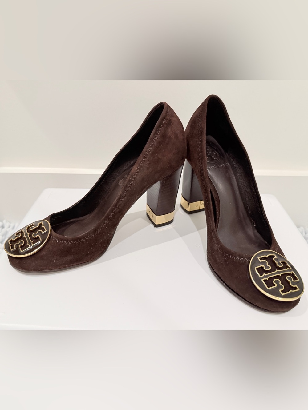 Tory Burch Dark Brown Suede Block Heel Pumps with Gold Logo Medallion